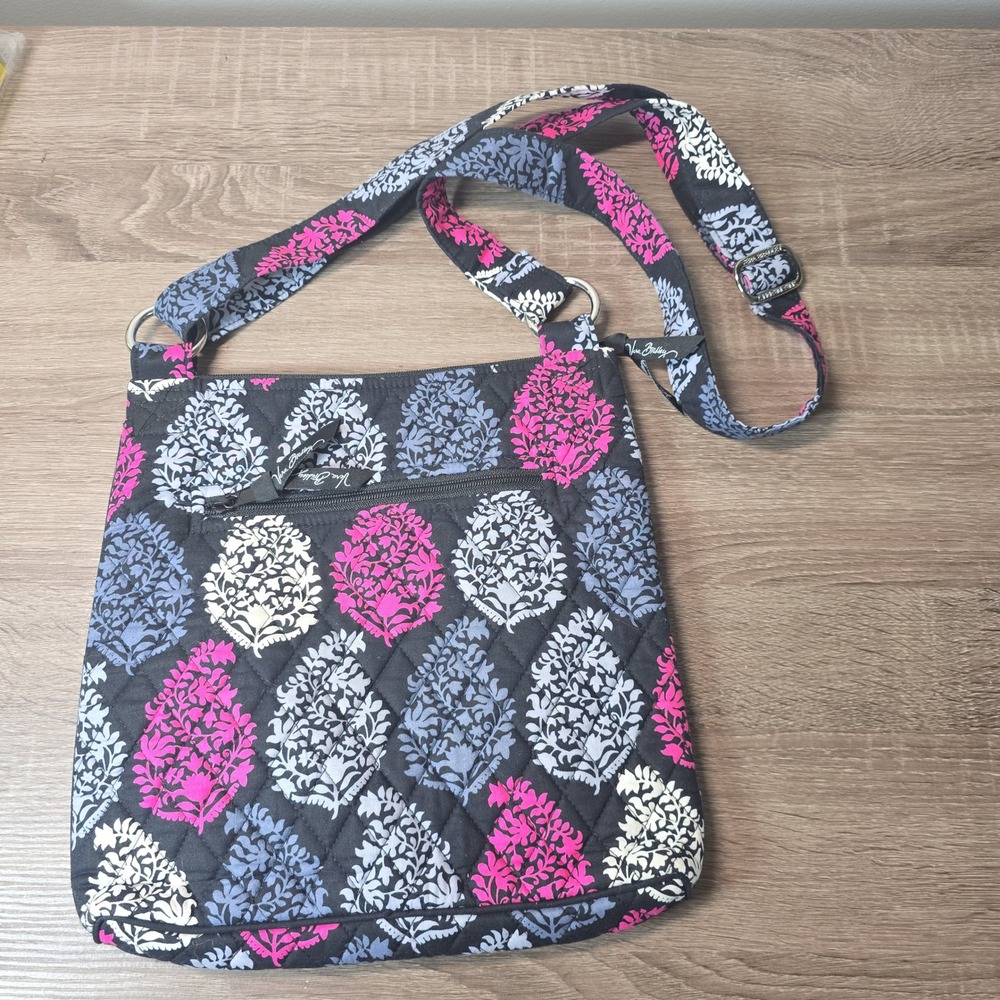 Vera Bradley Plum Crazy Hipster Crossbody Bag Quilted Cotton Floral Black Pink